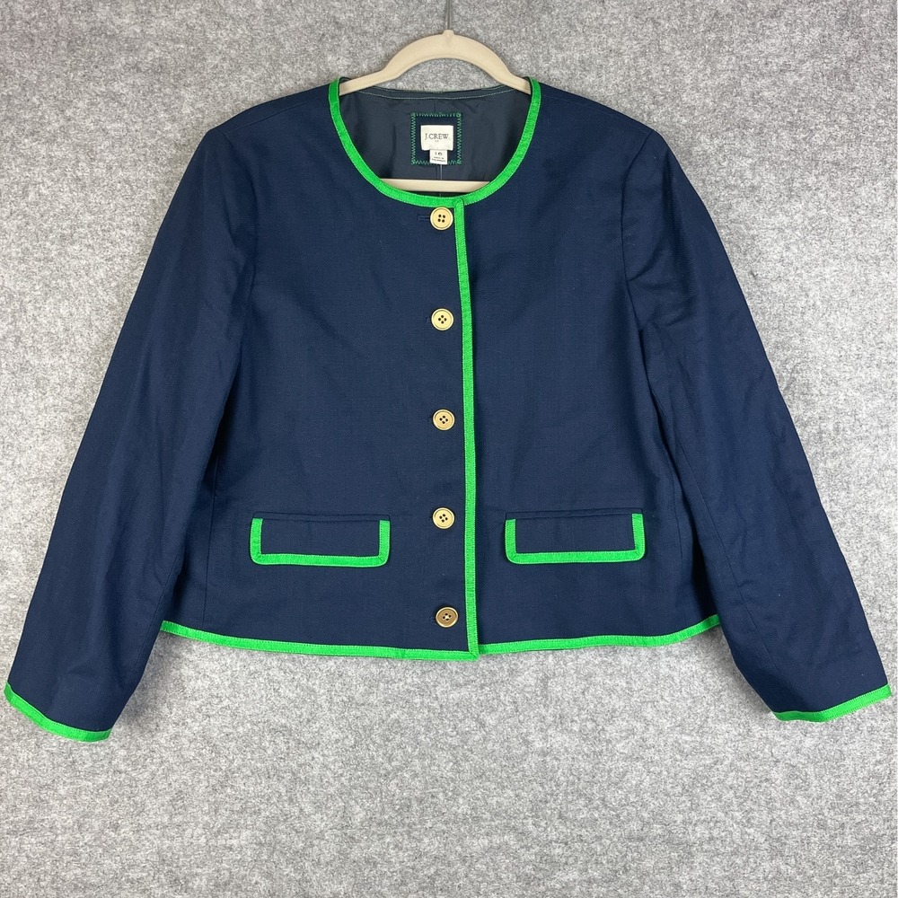 J Crew Factory Tipped Lady Jacket Blazer Womens 16 Basketweave Blue Preppy NWT